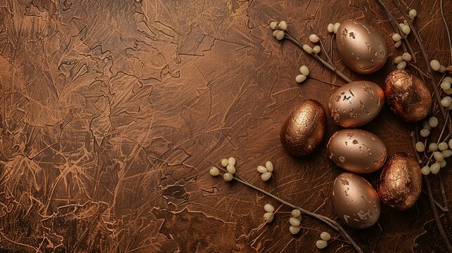 Easter wallpaper with chocolate eggs on a brown background with copy space