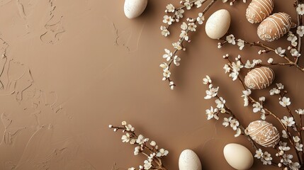 Naklejka na ściany i meble Easter wallpaper with chocolate eggs on a brown background with copy space