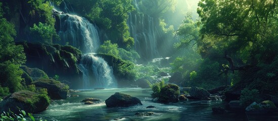 Fototapeta na wymiar A painting depicting a powerful waterfall cascading down rocks in the midst of a lush forest. The water flows vigorously, creating a mesmerizing display of natures beauty and raw power.