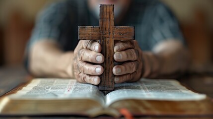 Elderly hands holding a wooden cross over a bible, concept of faith and spirituality in moments of contemplation