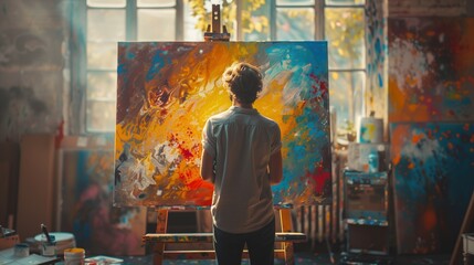 Artist Gazing at Colorful Abstract Painting in Sunlit Studio, Concept of Creative Art Process and Inspiration