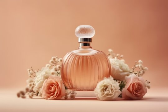 A perfume bottle on a beige background with a central big empty space, surrounded by pastel-colored flowers. This serene floral theme, Generative AI technology,