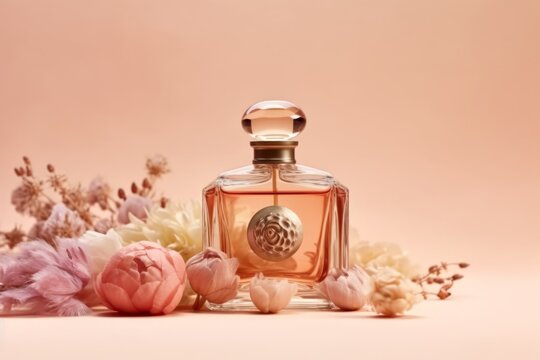 A perfume bottle on a beige background with a central big empty space, surrounded by pastel-colored flowers. This serene floral theme, Generative AI technology,