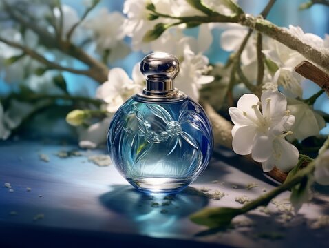 A perfume bottle on a beige background with a central big empty space, surrounded by pastel-colored flowers. This serene floral theme, Generative AI technology,