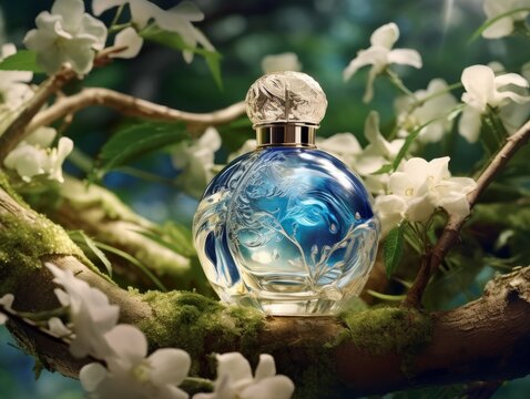 A perfume bottle on a beige background with a central big empty space, surrounded by pastel-colored flowers. This serene floral theme, Generative AI technology,