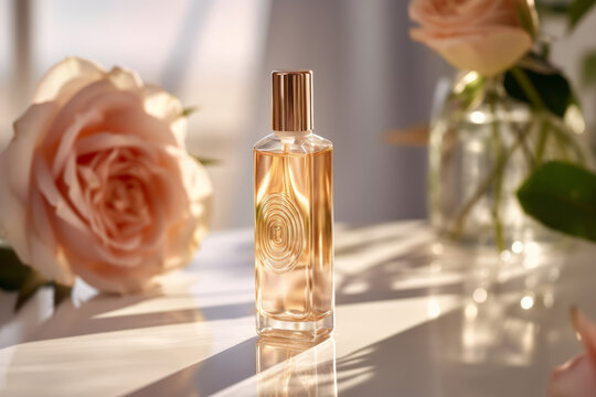 A perfume bottle on a beige background with a central big empty space, surrounded by pastel-colored flowers. This serene floral theme, Generative AI technology,