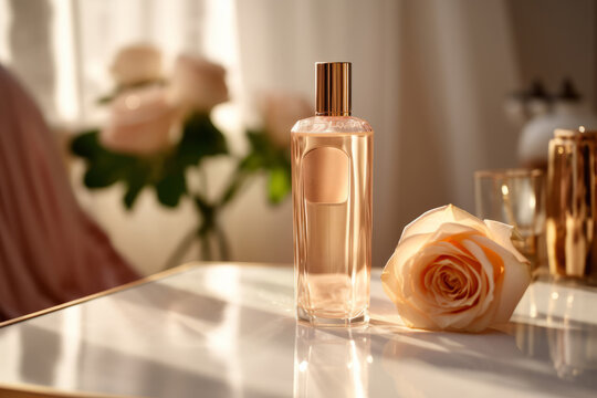 A perfume bottle on a beige background with a central big empty space, surrounded by pastel-colored flowers. This serene floral theme, Generative AI technology,