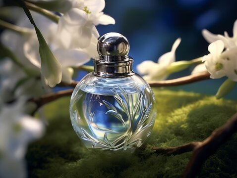 A perfume bottle on a beige background with a central big empty space, surrounded by pastel-colored flowers. This serene floral theme, Generative AI technology,