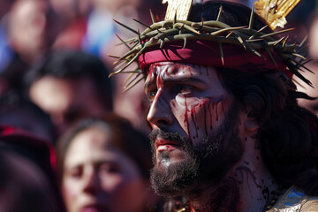 Jesus Christ with crown of thorns, blood on his face, giving his life for us