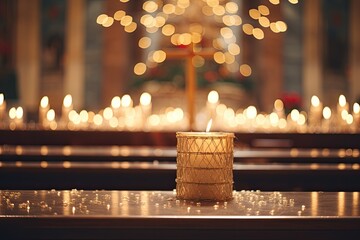 Candle in the church with bokeh - obrazy, fototapety, plakaty