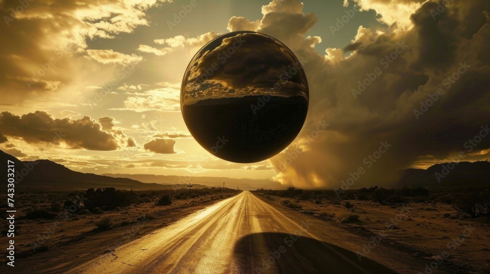 Poster a large sphere is floating in the middle of a desert. generative ai.