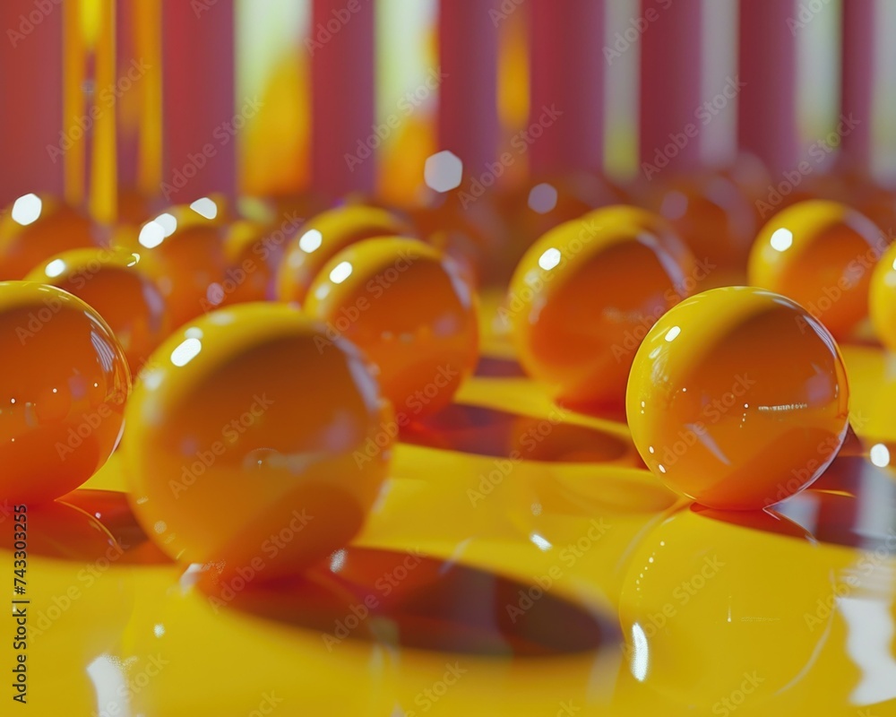 Poster orange balls are floating in a pool of yellow liquid. generative ai.