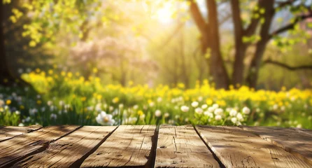 Zelfklevend Fotobehang 春夏のウッドデッキ、ウッドテーブル。背景に草花。バナー背景 © tsuyoi_usagi
