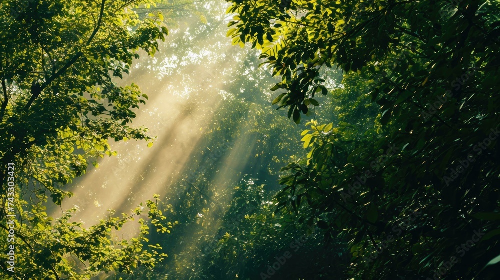 Poster sunbeams shining through the trees in the forest. generative ai.