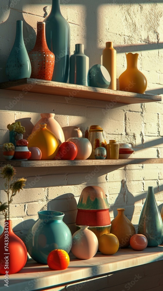 Poster a shelf with a bunch of colorful vases on it. generative ai.