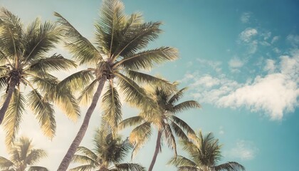 Fototapeta na wymiar palm trees on blue sky background, A dreamy vintage-style shot capturing palm trees against a clear blue sky retro vacation tropical escape wanderlust relaxation