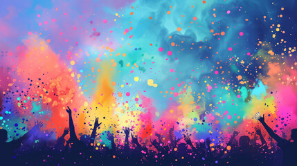 Revelers throw bright colored powders into the air during Holi festival celebrations, crowd of celebrating people. Background, backdrop, wallpaper. Copy space.