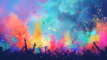Foto auf Leinwand Revelers throw bright colored powders into the air during Holi festival celebrations, crowd of celebrating people. Background, backdrop, wallpaper. Copy space. © keystoker
