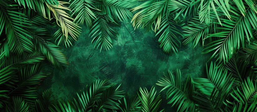 Lush and vibrant palm tree leaves in a rich shade of green fill the frame, creating a detailed and textured background.