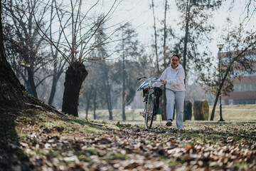 Obraz premium A smiling woman in casual attire walking alongside her bicycle in a peaceful park, radiating joy and tranquility amidst nature.
