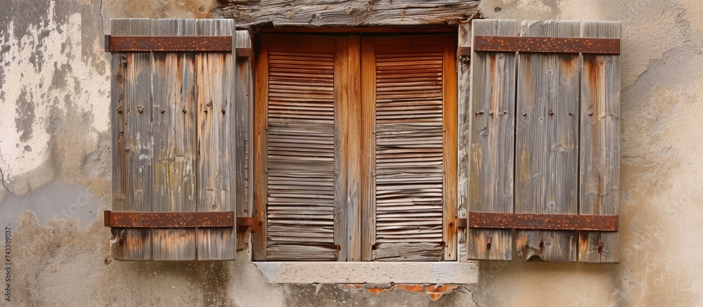 Poster the wooden shutters on the window of a building are closed, adding a touch of charm and character to