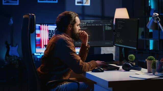 Programmer developing code on computer screen while in personal office using java programming languages. IT admin working with software tool, fixing database errors while working from home, camera A