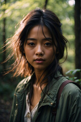 Naklejka premium Summer Vibes: Happy Asian Woman Embracing Nature's Beauty