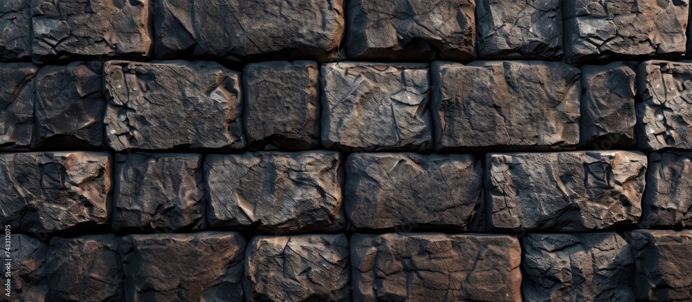 Poster a detailed view of a sturdy wall made entirely of rocks, showcasing the textures and patterns of the