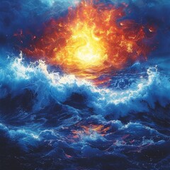 Dynamic Ocean Scene with a Fiery Sky, Illustrating Power and Majesty of Nature, Suitable for Environmental Themes and Wall Art - obrazy, fototapety, plakaty