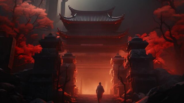 video illustration of a ninja heading to a scary temple