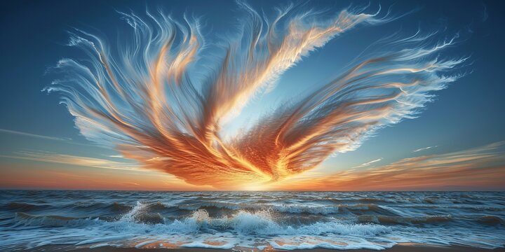 Phoenix Rising from Ocean Waves, Fiery Sky Phenomenon, Inspiring Natural Imagery for Fantasy Art and Mythological Themes