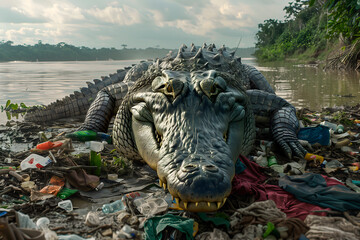 Crocodile emerging from the water in a contaminated river