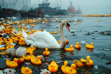 Goose on a lake surrounded by rubber ducks