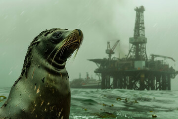 Seal in the sea covered in oil, in the background an oil platform