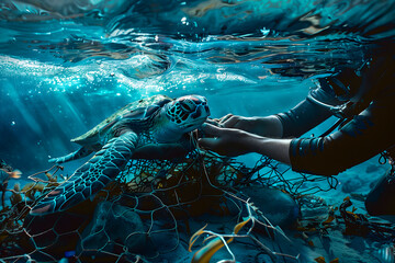 turtle trapped in a net being helped by a diver