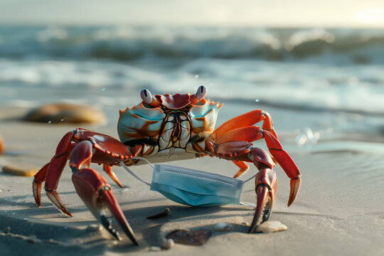 Crab grabbing a face mask on the beach