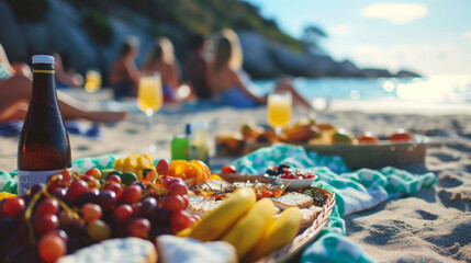 Background Gathering with friends on a sandy beach enjoying a picnic spread filled with fresh fruit...