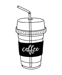 Clear Plastic Coffee Cup with lid and straw doodle outline vector illustration