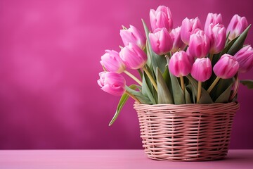 Basket of pink tulip flowers on a purple spring background