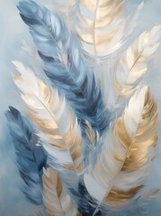 A painting featuring intricately detailed feathers in various sizes and shapes, set against a vibrant blue background. The feathers exhibit subtle textures and vibrant colors.