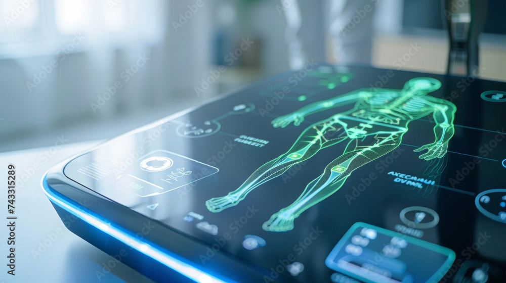 Poster a closeup of a smart scale displaying an individuals body composition data which is used by ai to as