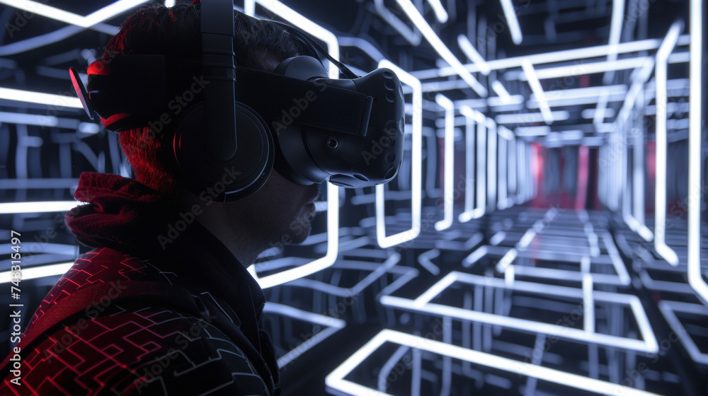 Poster a virtual reality game where the player must navigate a maze using only their eyes helping to improv