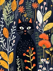 Crédence de cuisine  A black cat is surrounded by a variety of colorful flowers and green leaves in a vibrant and lively setting, creating a harmonious and nature-inspired scene.  © pham