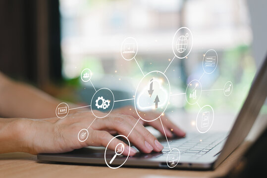 Business consultant performance analyst technology, digital marketing. Data analytics business concept. Businessman use computer laptop, cloud network connection. Financial banking tech, big data