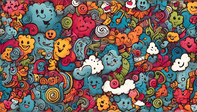 Seamless colorful abstract pattern background illustration of bright and cheerful doodles. Creative and fun personality and mood. 