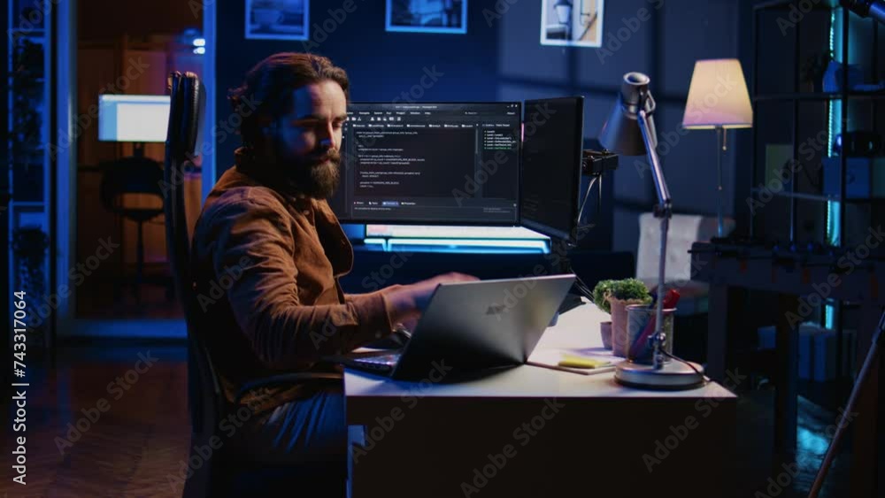 Poster developer writing lines of code on multimonitor pc setup during remote job shift. it expert doing mu