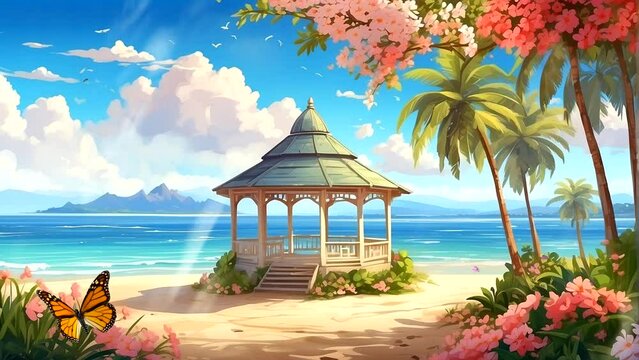 Beautiful Spring scenery on the beach with gazebo and coconut trees. Seamless looping 4k time-lapse video animation background