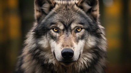 Naklejka na ściany i meble Gray wolf on a blurred background. Animal portrait