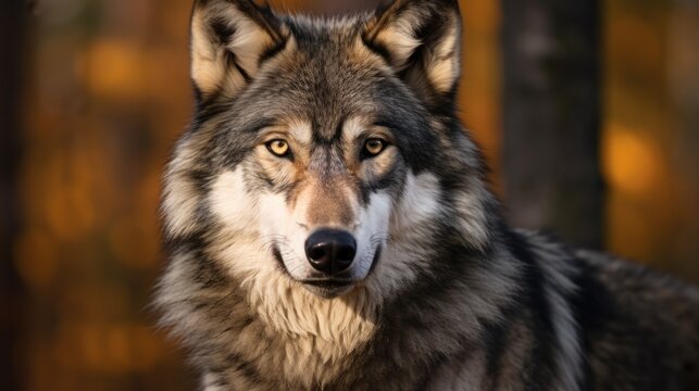 Gray wolf on a blurred background. Animal portrait