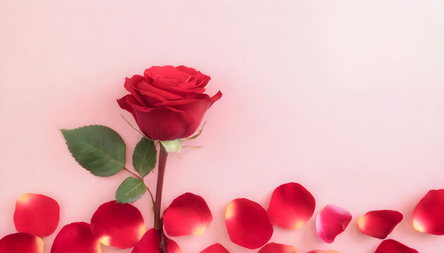 Red rose and roses petals Valentine's day banner